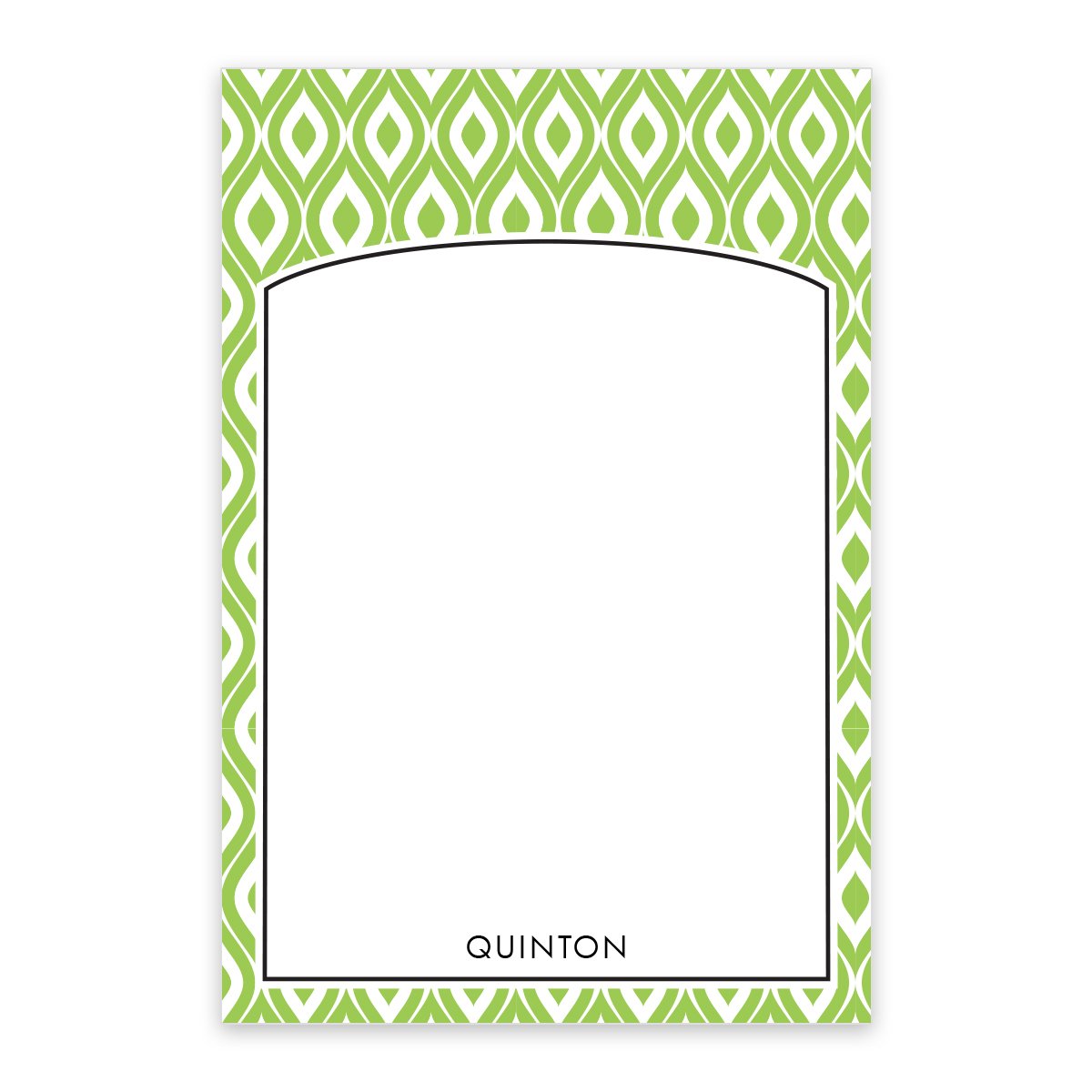The Noteworthy Green Abstract Pattern Personalized Notepad features a green geometric border, a blank white center, and your chosen name printed at the bottom.