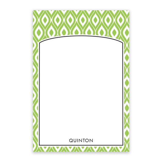 The Noteworthy Green Abstract Pattern Personalized Notepad features a green geometric border, a blank white center, and your chosen name printed at the bottom.