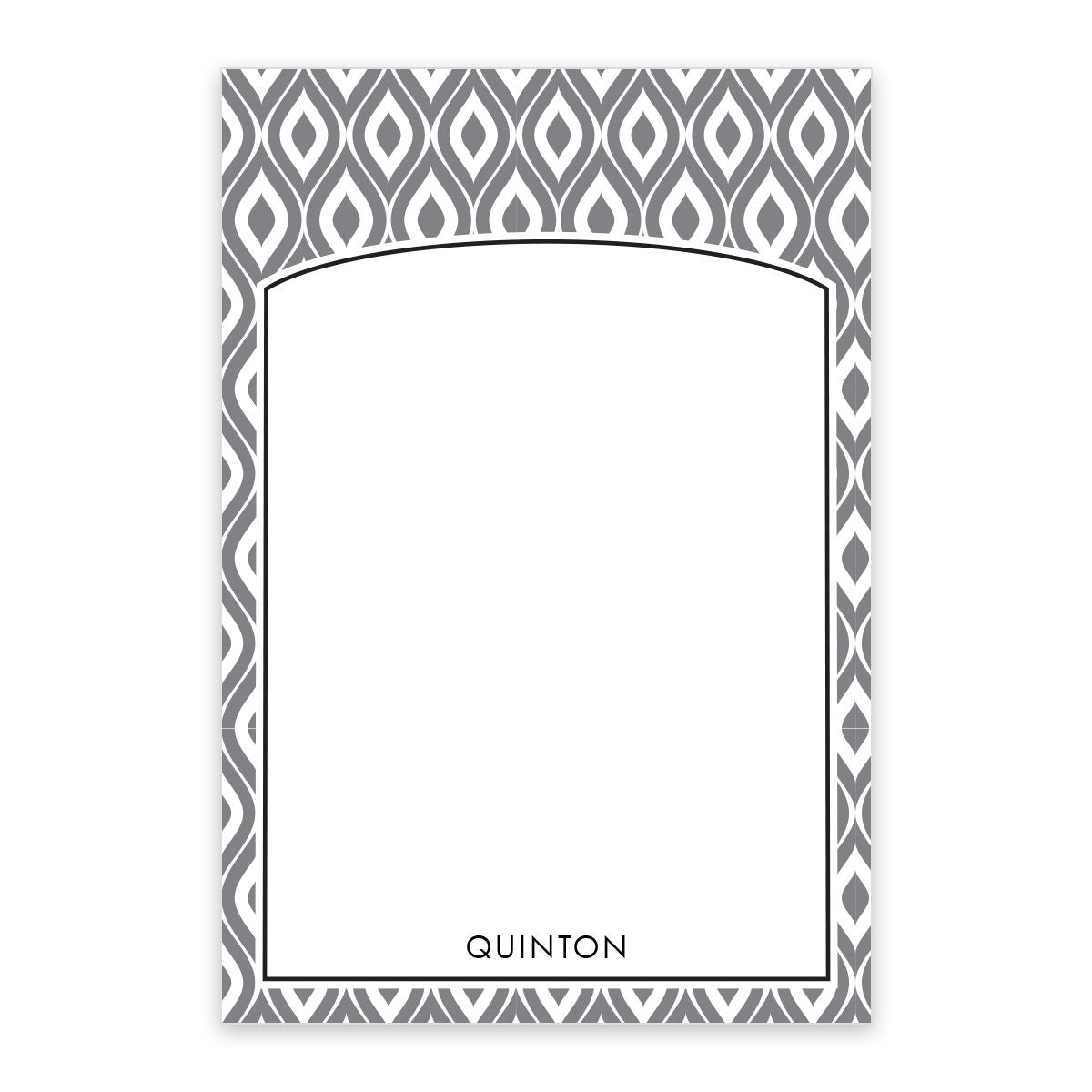 The Noteworthy Gray Abstract Pattern Personalized Notepad features a rectangular design with a gray and white abstract border, blank center, and the name "QUINTON" printed at the bottom.