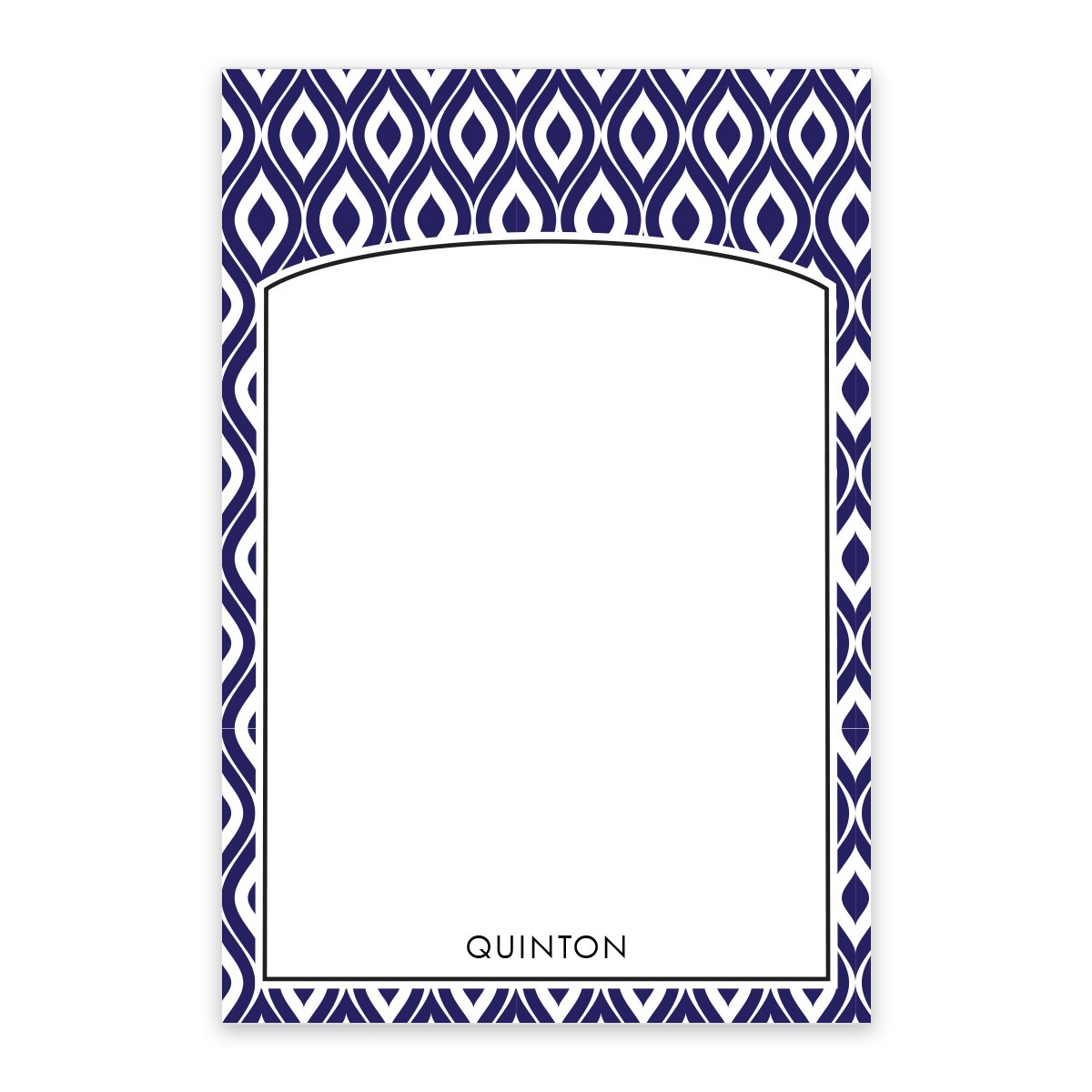 The Noteworthy Navy Abstract Pattern Personalized Notepad features a rectangular design with a blue and white geometric border, blank center, and "QUINTON" printed at the bottom.
