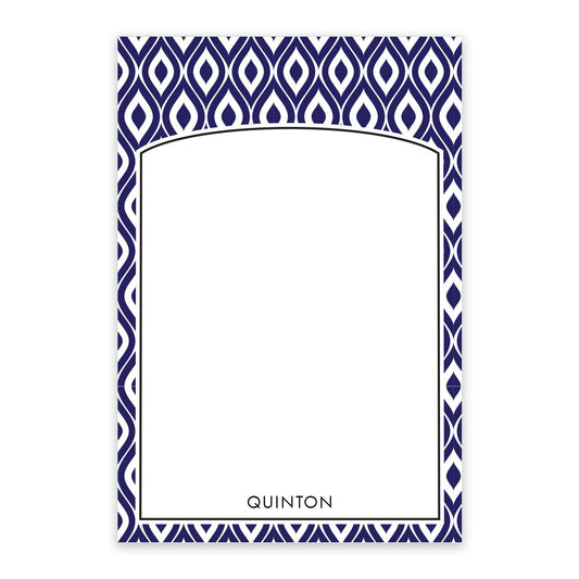 The Noteworthy Navy Abstract Pattern Personalized Notepad features a rectangular design with a blue and white geometric border, blank center, and "QUINTON" printed at the bottom.