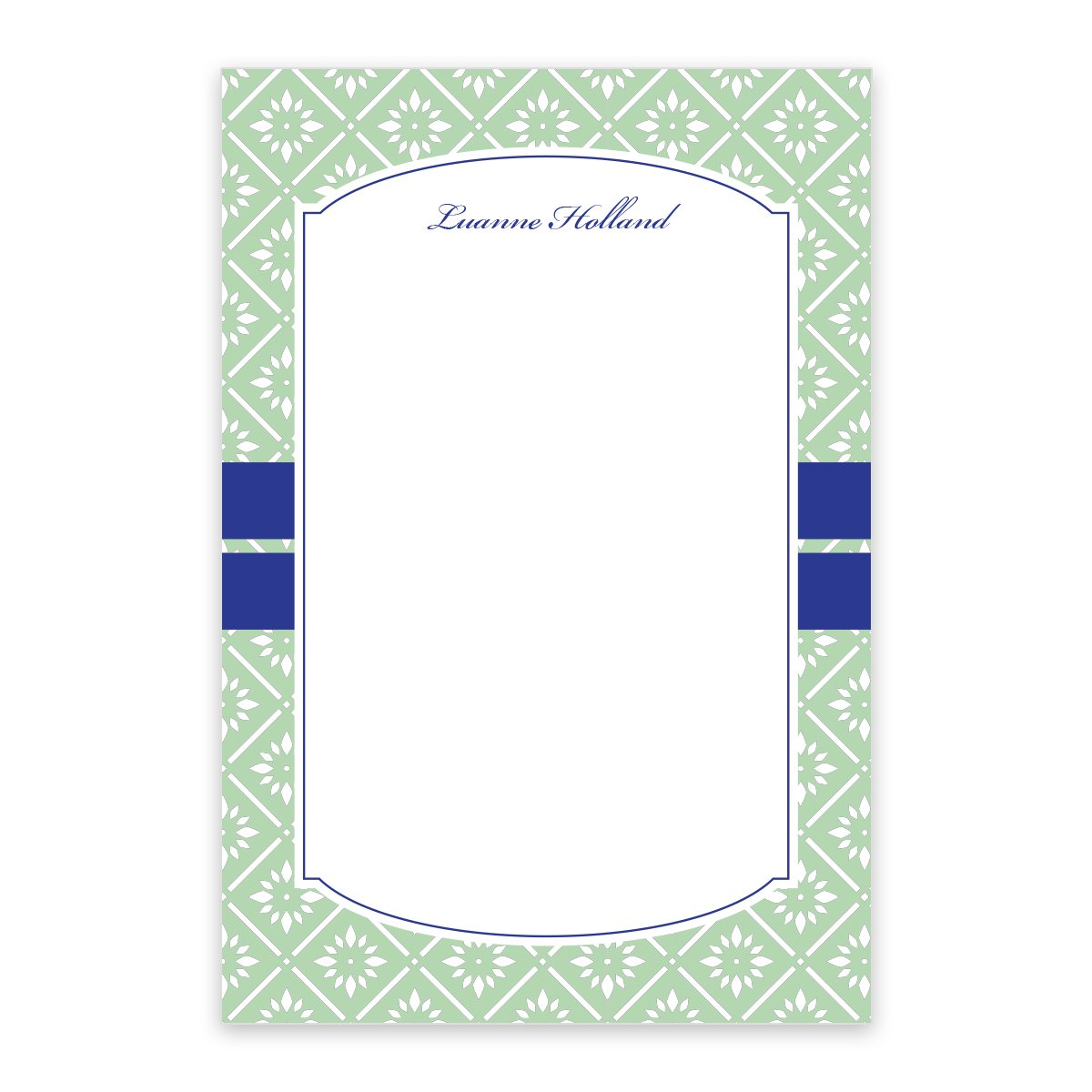 The Noteworthy Mint Banded Personalized Notepad features a rectangular shape with a green and white geometric border, blue accent stripes, and “Luanne Holland” at the top. The center is blank for your notes.
