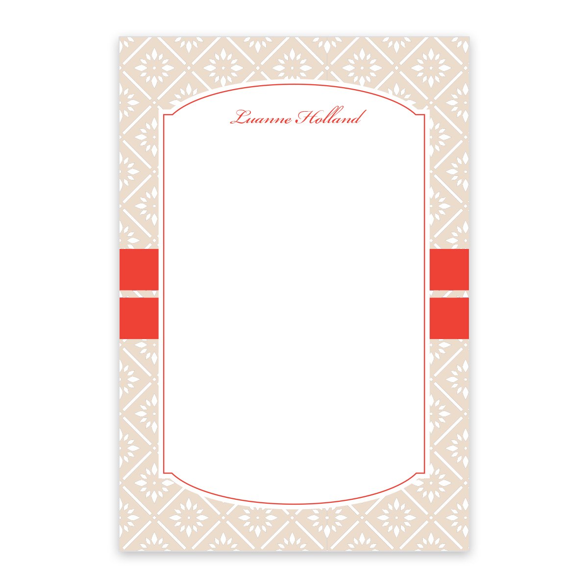 The Orange Banded Personalized Notepad by Noteworthy features a rectangular floral design with orange accents, a beige patterned border, and "Luanne Holland" in red script. With 100 sheets, it’s ideal for notes or lists.