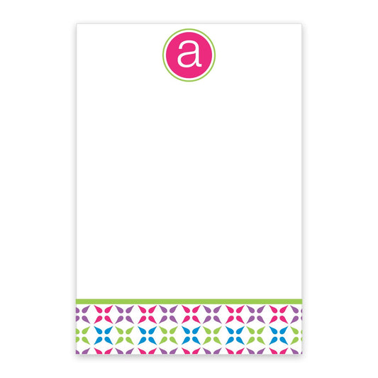 The Noteworthy Colorful Flower Initial Personalized Notepad features a pink "a" in a green circle at the top, a vibrant geometric border at the bottom, and a blank center perfect for notes or messages.