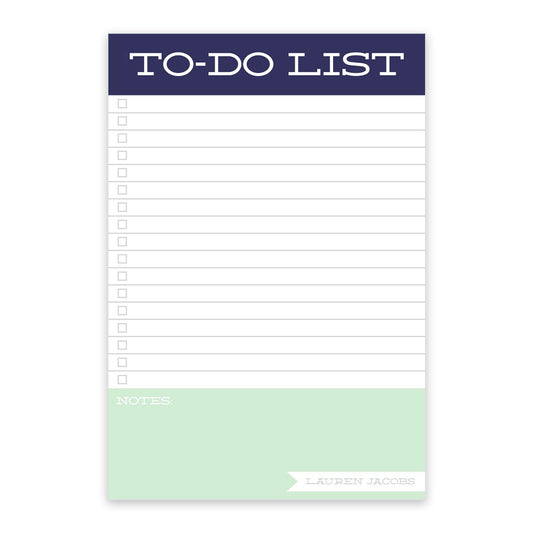 Bold To-Do List Notepad by Noteworthy features checkbox lines, a "NOTES" section, and "Lauren Jacobs" printed at the bottom.