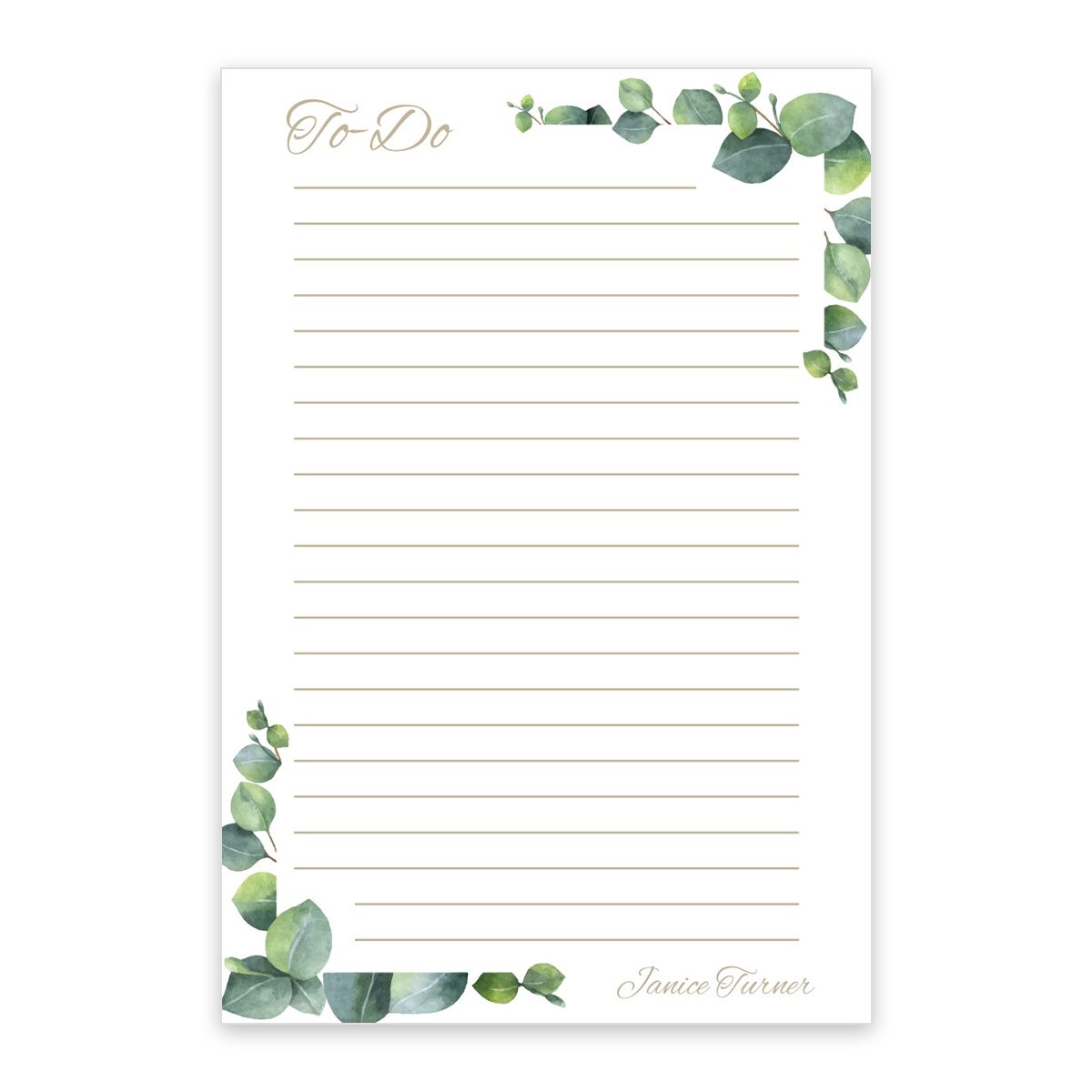 The Noteworthy Ivy Frame Notepad offers 100 blank, lined sheets with green watercolor leaf accents and "Janice Turner" personalized at the bottom right, creating a charming floral design.