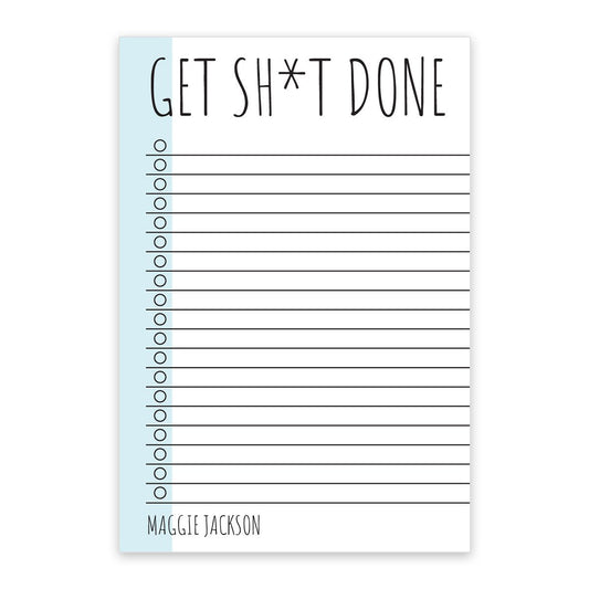 The Noteworthy Get Sh*t Done Notepad features "GET SH*T DONE" at the top, 20 checklist lines, and "MAGGIE JACKSON" on the bottom left—a stylish planner to organize your daily tasks.