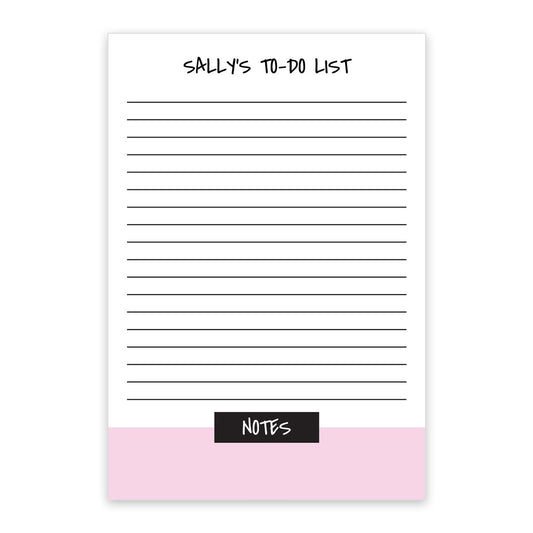 The Noteworthy "Your To-Do List Notepad" features 100 sheets with lined sections for tasks and a pink "Notes" box at the bottom.