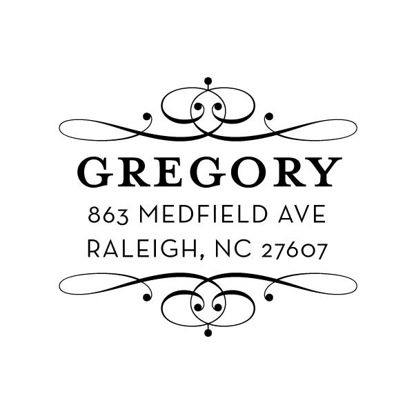 Noteworthy's Classic Scroll Square Stamper or Embosser features a black and white design with "Gregory" and "863 Medfield Ave, Raleigh, NC 27607" in bold, framed by a classic scroll motif inspired by traditional embossers.