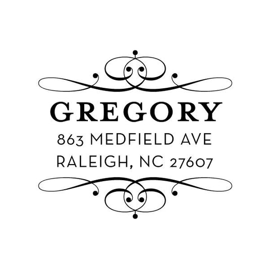 Noteworthy's Classic Scroll Square Stamper or Embosser features a black and white design with "Gregory" and "863 Medfield Ave, Raleigh, NC 27607" in bold, framed by a classic scroll motif inspired by traditional embossers.