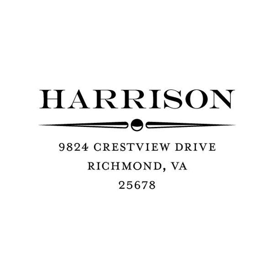 A Noteworthy Basic Motif Square Stamper or Embosser with the word "harrison" in black and white.