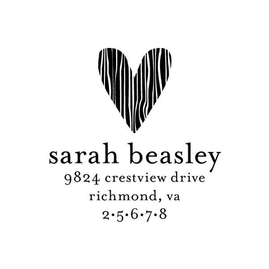 Featuring a black and white striped heart above “sarah beasley,” address, and phone on white, the Noteworthy Striped Heart Stamper or Embosser is perfect for adding a stylish touch to your stationery.