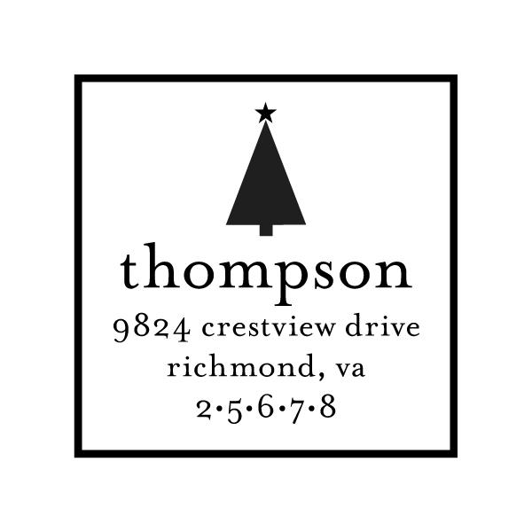 A simple black Christmas tree icon sits above "Noteworthy" and "9824 Crestview Drive, Richmond, VA 25678" on the Simple Christmas Tree Square Stamper or Embosser—perfect for crisp self-inking stamps or embossers on white.