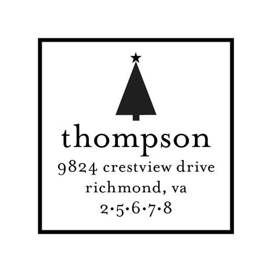 A simple black Christmas tree icon sits above "Noteworthy" and "9824 Crestview Drive, Richmond, VA 25678" on the Simple Christmas Tree Square Stamper or Embosser—perfect for crisp self-inking stamps or embossers on white.