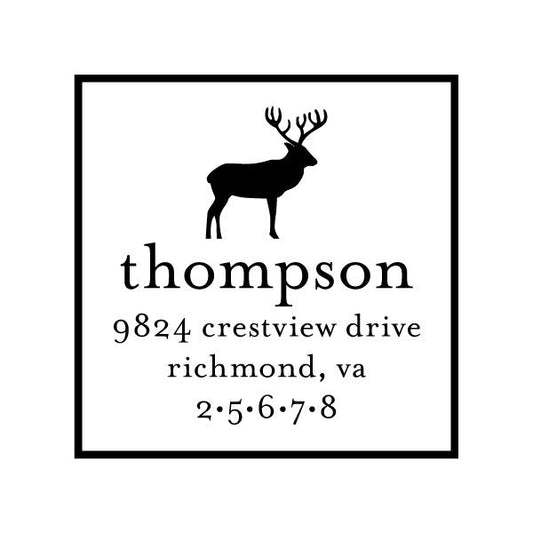 The Noteworthy Reindeer Square Stamper or Embosser features a black deer silhouette above custom text and numbers, all framed in a bold square border—perfect for festive designs.