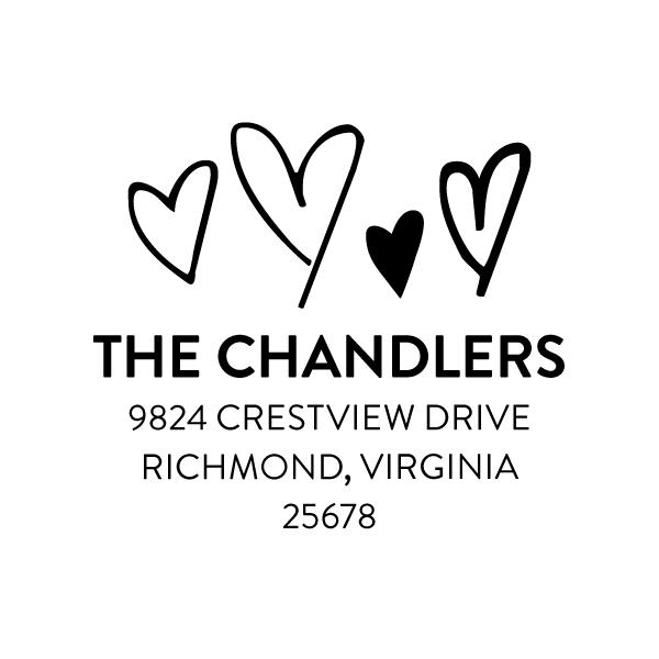 Four hand-drawn hearts top "The Chandlers" plus address: 9824 Crestview Drive, Richmond, VA 25678—ideal for the Noteworthy Funky Hearts Square Stamper or Embosser.
