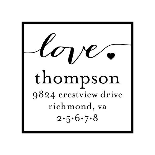 The Scripty Love Square Stamper or Embosser by Noteworthy features "love thompson," numbers 2 5 6 7 8, a heart graphic, and a Richmond, VA address in stylish black and white.