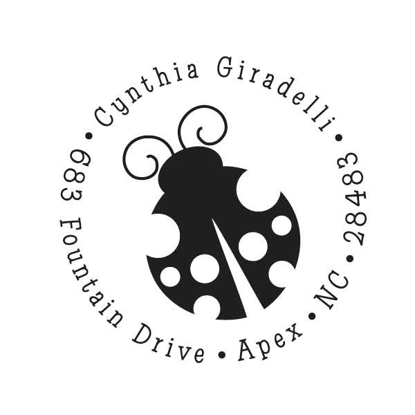 The Noteworthy Ladybug Stamper or Embosser features a black and white ladybug design, personalized with Cynthia Giradelli and 683 Fountain Drive, Apex, NC 28483. Ideal for adding charm to your correspondence.