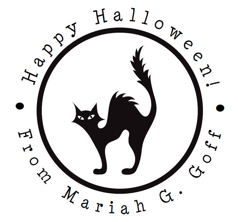 The Noteworthy Halloween Scaredy Cat Stamper or Embosser features a black cat silhouette in a circle with "Happy Halloween! From Mariah G. Goff"—perfect for adding spooky charm to your stamps or embossed designs.