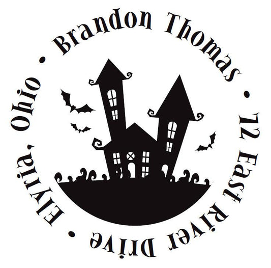 The Noteworthy Halloween Haunted House Stamper or Embosser features a circular logo with bats and a haunted house, encircled by "Brandon Thomas, 72 East River Drive, Elyria, Ohio"—ideal for custom stamps or embossers.