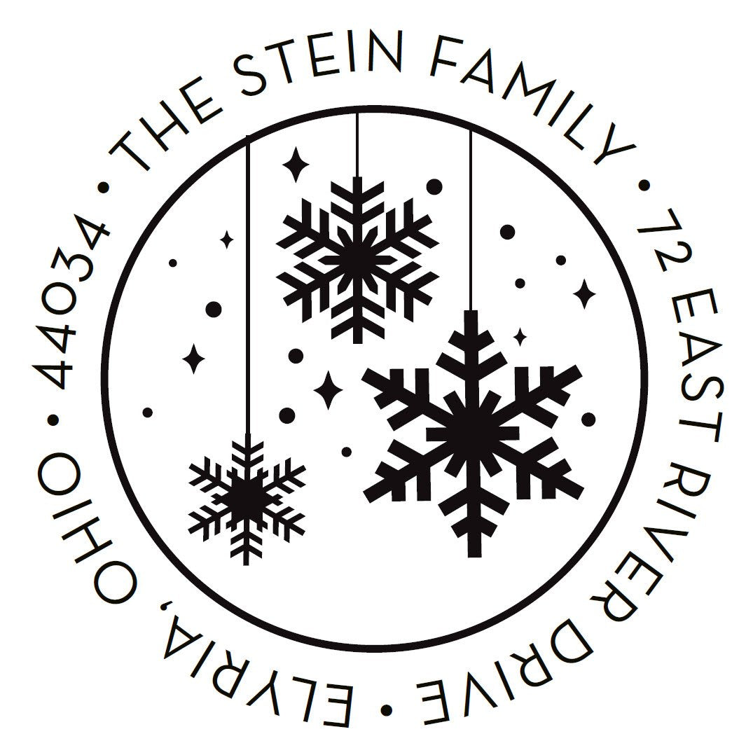 Featuring a black snowflakes design inside a circle with "The Stein Family, 12 East River Drive, Elyria, Ohio, 44034" around it, the Noteworthy Christmas Snowflakes Stamper or Embosser is perfect for custom address stamps.