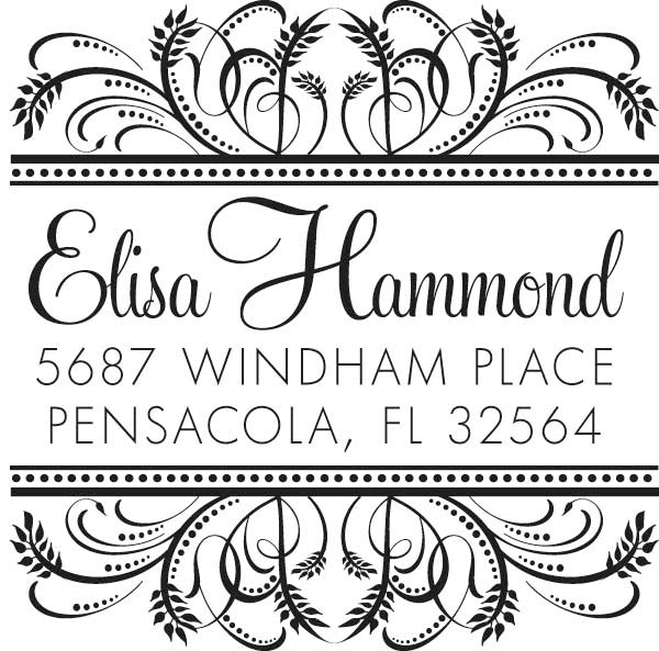The Noteworthy South Beach Stamper or Embosser features a black and white floral label, ideal for personalizing stationery with the name Elisa Hammond and address: 5687 Windham Place, Pensacola, FL 32564.