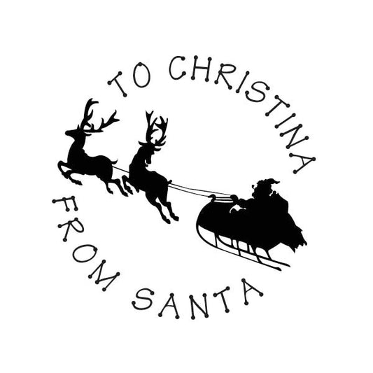 The Noteworthy Santa in Flight Stamper or Embosser features Santa’s sleigh and two reindeer with “To Christina From Santa” curved text—ideal for personalized holiday gift tags and festive stamping.