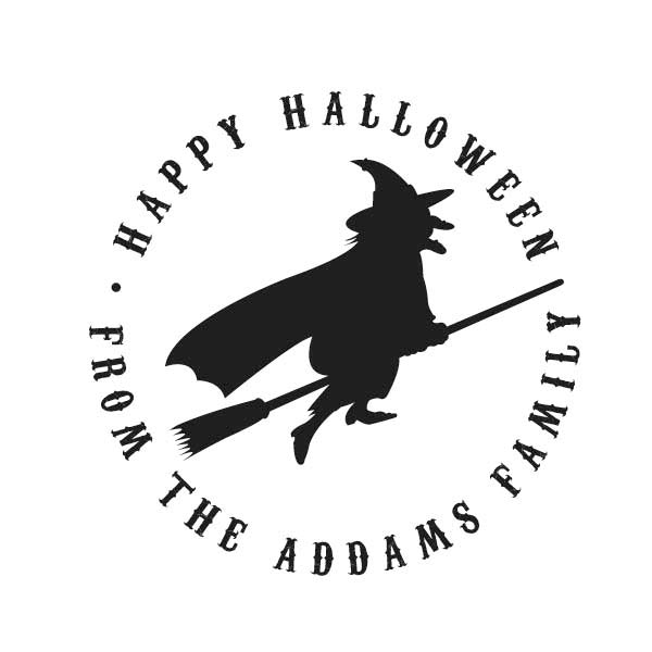 The Noteworthy Witch Stamper or Embosser features a black witch silhouette on a broomstick with “Happy Halloween from the Addams Family” in a circle—ideal for personalizing your Halloween mail.