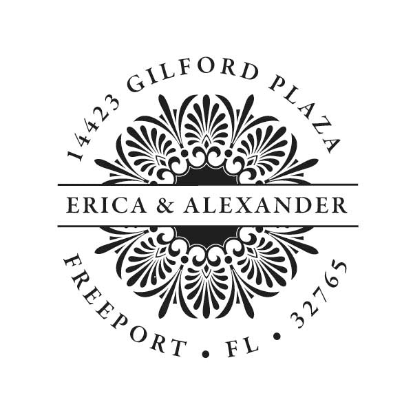 The Noteworthy Banded Ornament 2 Stamper or Embosser features a black and white circular design with floral patterns, customizable with names and address—ideal for creating personalized address stamps or embossers.