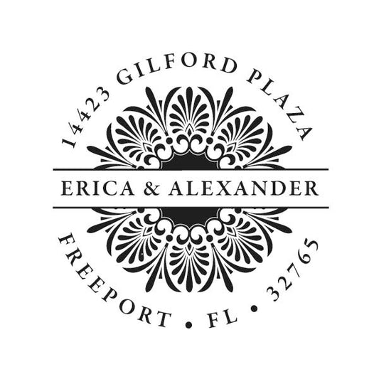 The Noteworthy Banded Ornament 2 Stamper or Embosser features a black and white circular design with floral patterns, customizable with names and address—ideal for creating personalized address stamps or embossers.