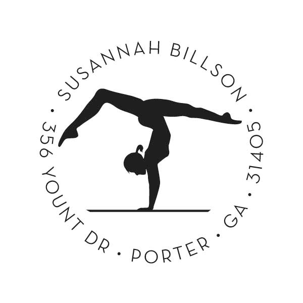 The Noteworthy Gymnast Stamper or Embosser features a circular logo with a woman’s handstand silhouette and your custom text, such as "Susannah Billson, 356 Yount Dr, Porter, GA, 31405," elegantly encircling the design.