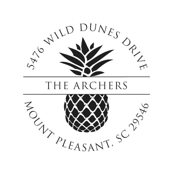 The Noteworthy Banded Pineapple Stamper or Embosser features a black and white circular design with a pineapple, "The Archers," and "5476 Wild Dunes Drive, Mount Pleasant, SC 29546"—ideal for custom return address stamps.