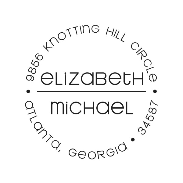 The Noteworthy His/Hers Stamper or Embosser features "elizabeth" and "michael" in the center, with "9856 Knotting Hill Circle, Atlanta, Georgia, 34587" encircling the edge—a charming personalized touch for any occasion.