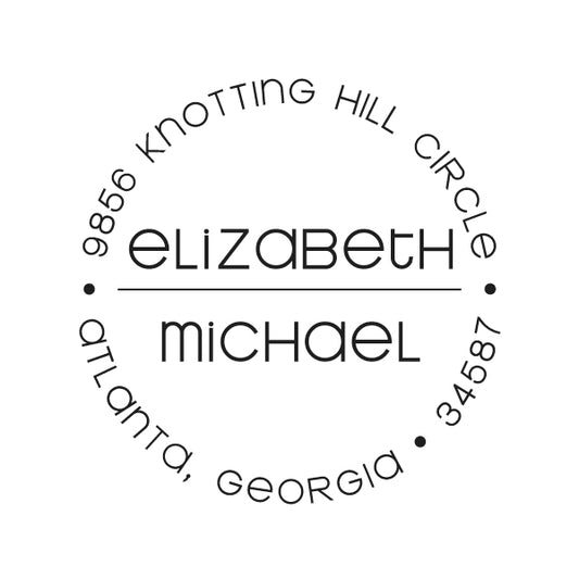 The Noteworthy His/Hers Stamper or Embosser features "elizabeth" and "michael" in the center, with "9856 Knotting Hill Circle, Atlanta, Georgia, 34587" encircling the edge—a charming personalized touch for any occasion.