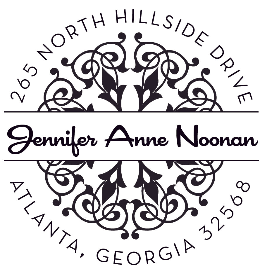 The Noteworthy Swirl Banner Stamper or Embosser creates circular address labels with a floral and swirl banner design, personalized with "Jennifer Anne Noonan" and "265 North Hillside Drive, Atlanta, Georgia 32568.