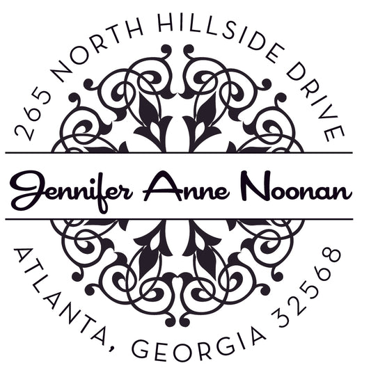 The Noteworthy Swirl Banner Stamper or Embosser creates circular address labels with a floral and swirl banner design, personalized with "Jennifer Anne Noonan" and "265 North Hillside Drive, Atlanta, Georgia 32568.
