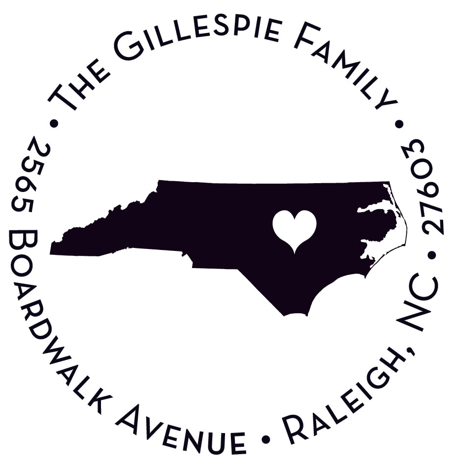 The Noteworthy Capital of North Carolina Stamper or Embosser features a black outline of North Carolina with a heart and custom text, making it perfect for personalizing designer stamps or embossers.