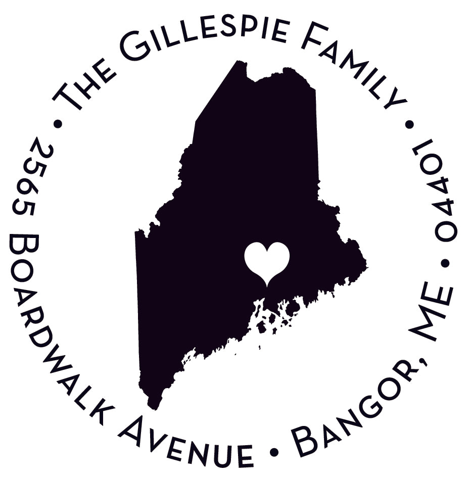 The Noteworthy Bangor, Maine Stamper or Embosser features a black Maine silhouette with a centered heart, encircled by “The Gillespie Family, 2565 Boardwalk Avenue, Bangor, ME 04401”—ideal for custom stamps or embossers.