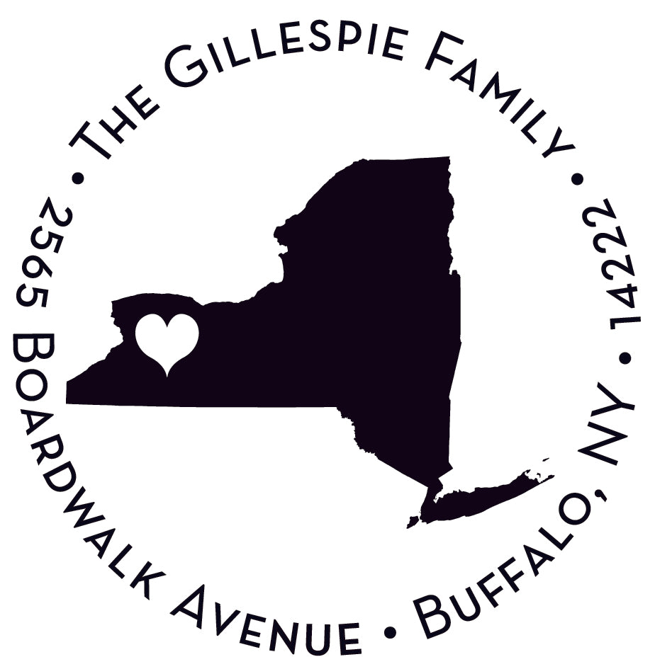 The Noteworthy Buffalo, New York Stamper or Embosser features a black silhouette of New York State with a heart in the west and custom text: The Gillespie Family, 2565 Boardwalk Avenue, Buffalo, NY 14222. Perfect for celebrating your Buffalo roots!.