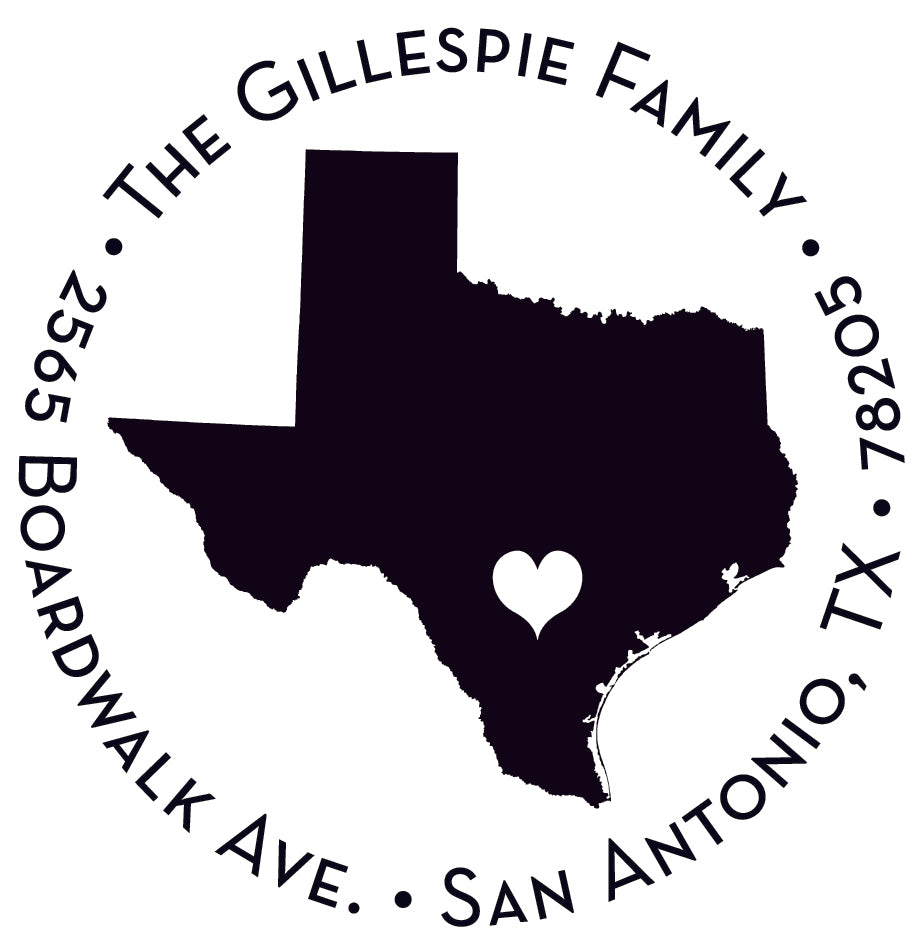 The Noteworthy San Antonio, Texas Stamper or Embosser features a black Texas silhouette with a heart and "The Gillespie Family, 2565 Boardwalk Ave., San Antonio, TX 78205." Ideal for custom stationery or address stamps.