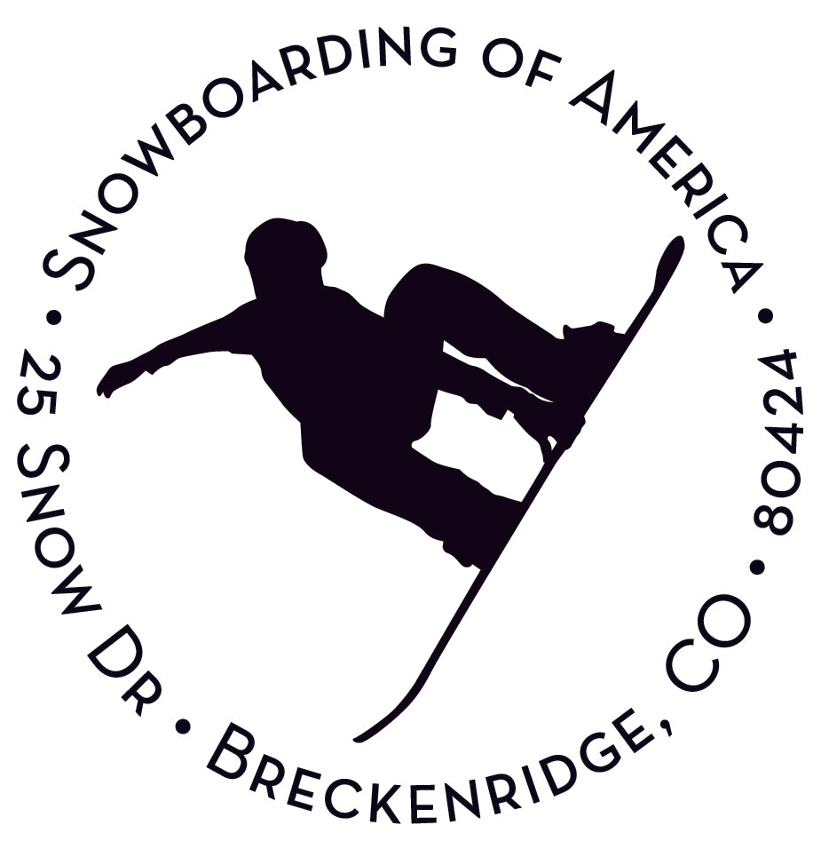 The Noteworthy Snowboarder Stamper or Embosser showcases a dynamic mid-air snowboarder and features the address: 25 Snow Dr, Breckenridge, CO 80424—ideal for custom stamping or embossing.