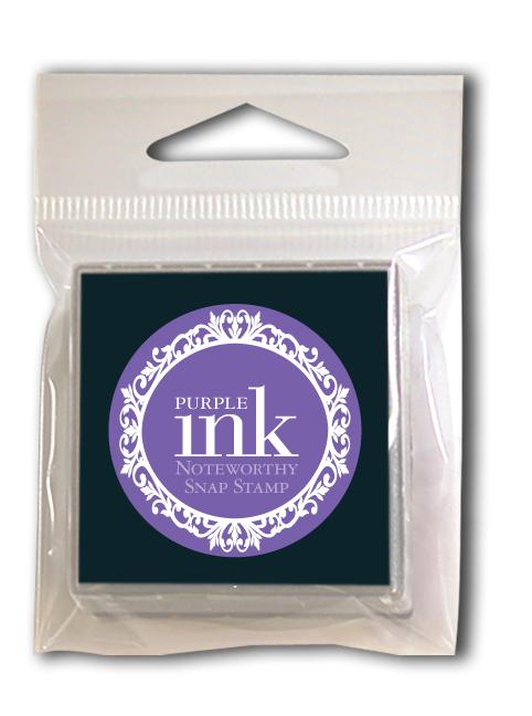 The Noteworthy Purple Snap Stamper Ink Pad Refill comes in a package with a purple label and white text, featuring a circular border—ideal for quick stamping without separate ink cartridges.