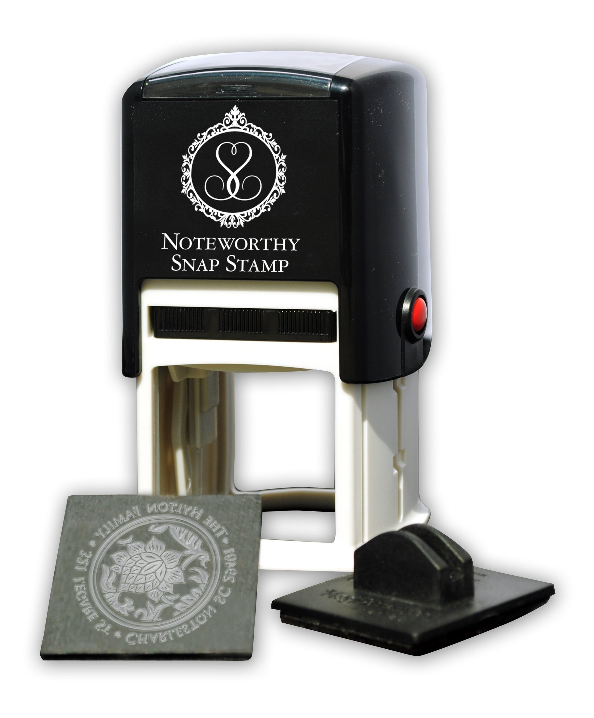 The Noteworthy Greenville, South Carolina Stamper or Embosser features a circular logo: “The Gillespie Family, 2565 Boardwalk Avenue, Greenville SC 29601” encircles an outline of South Carolina with a heart in the upper left.