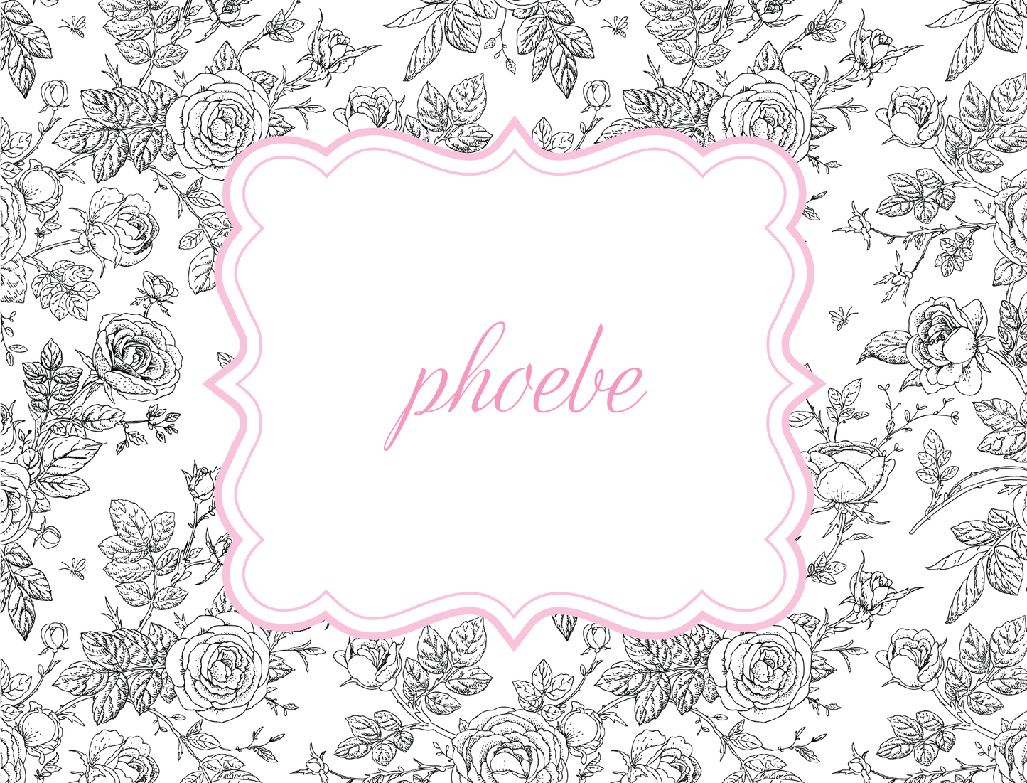 The Noteworthy Toile Black and White Folded Notes feature a white frame with a pink outline and "phoebe" in pink script, centered on a black and white floral toile background—ideal as charming baby notecards or paired with white envelopes.