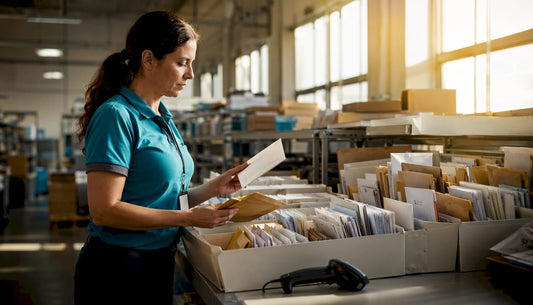 Postal worker sorting standard envelope sizes