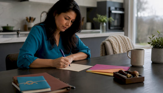 Woman addressing mail at home desk