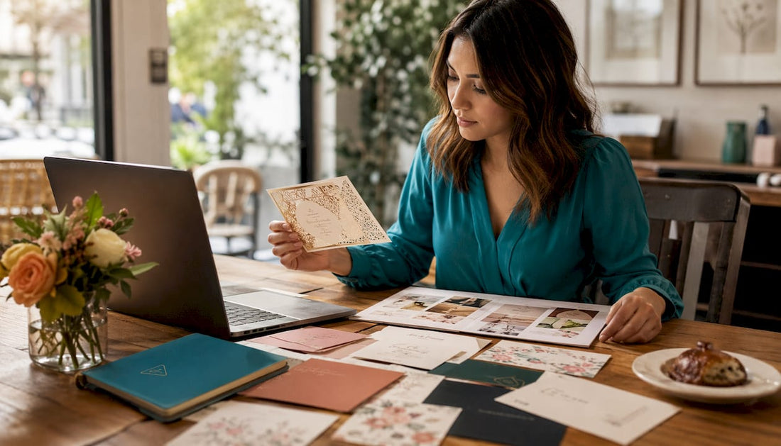 Woman comparing personalized stationery samples at home table