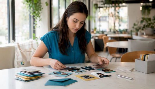 Young woman reviewing printed graduation announcements