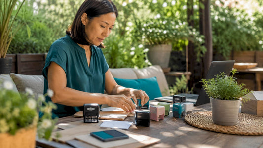 Woman organizing self-inking stamps on desk