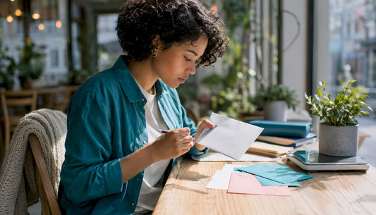 Person measuring return address on envelope